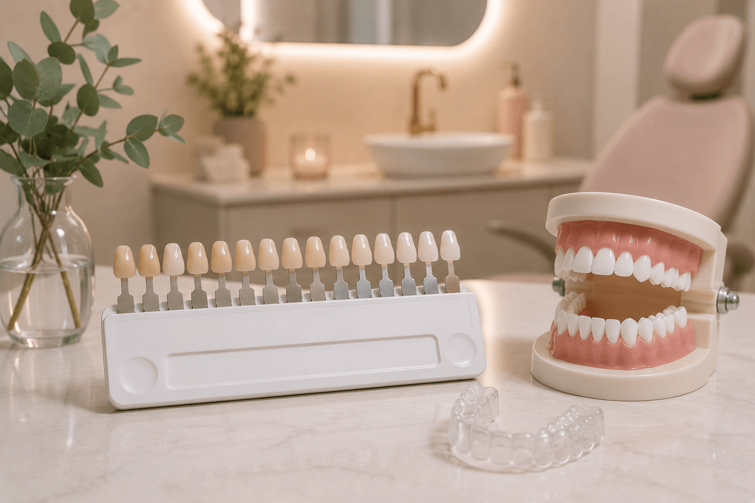 A full tooth shade guide displayed beside a dental model and a clear whitening tray